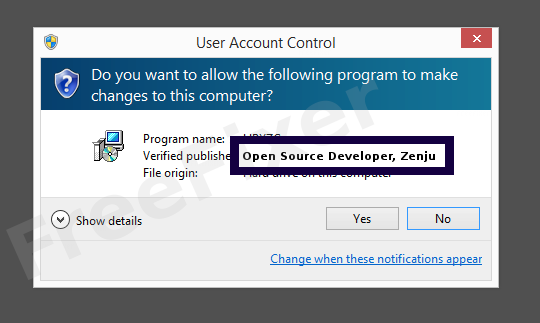 Screenshot where Open Source Developer, Zenju appears as the verified publisher in the UAC dialog